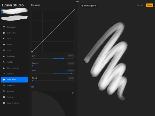 Brush Studio Procreate với biểu đồ Pressure và thiết lập Apple Pencil
