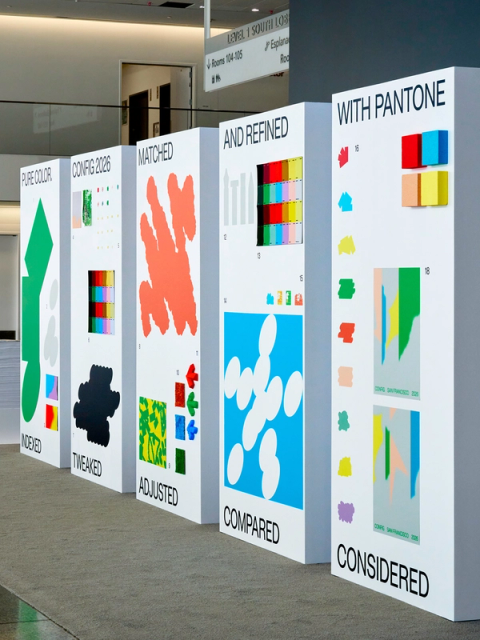Visual Identity Config 2026: Figma Xây Hệ Nhận Diện Từ Glyph, Texture Đến Poster Và Không Gian 3D Như Thế Nào? 7 Không gian Pantone Lounge trưng bày màu sắc vật liệu và glyph của Config 2026