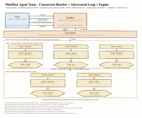 Sơ đồ tổng quan MiniMax Agent Team với Team Engine, Worker và Verifier